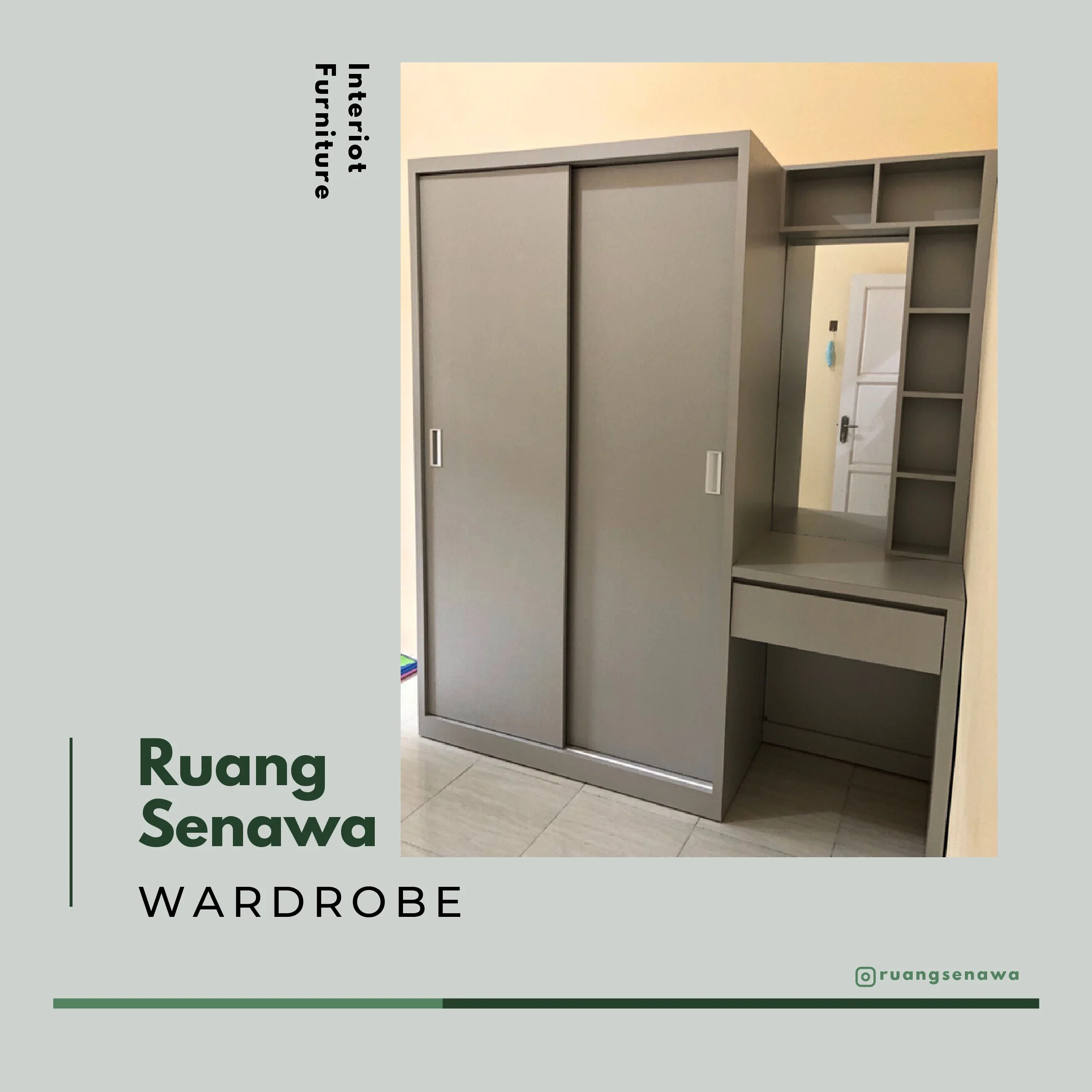 Grey Wardrobe & Dressing Table — Lemari pakaian minimalis abu-abu yang menyatu dengan meja rias Kota Palu Ruang Senawa